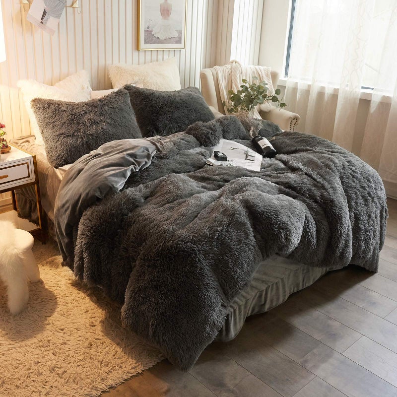 XeGe Plush Shaggy Duvet Cover Luxury Ultra Soft Crystal Velvet Bedding 1PC(1 Faux Fur Duvet Cover),Zipper Closure (Queen, Dark Gray) - Image 1